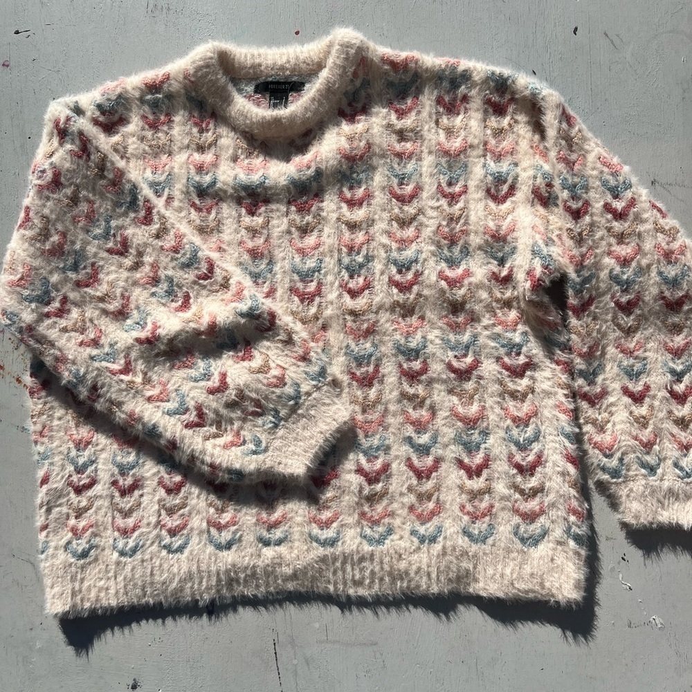 Women's Forever21 Sweater Multicolor‎ Geometric S Preppy Cottage Granny Fuzzy